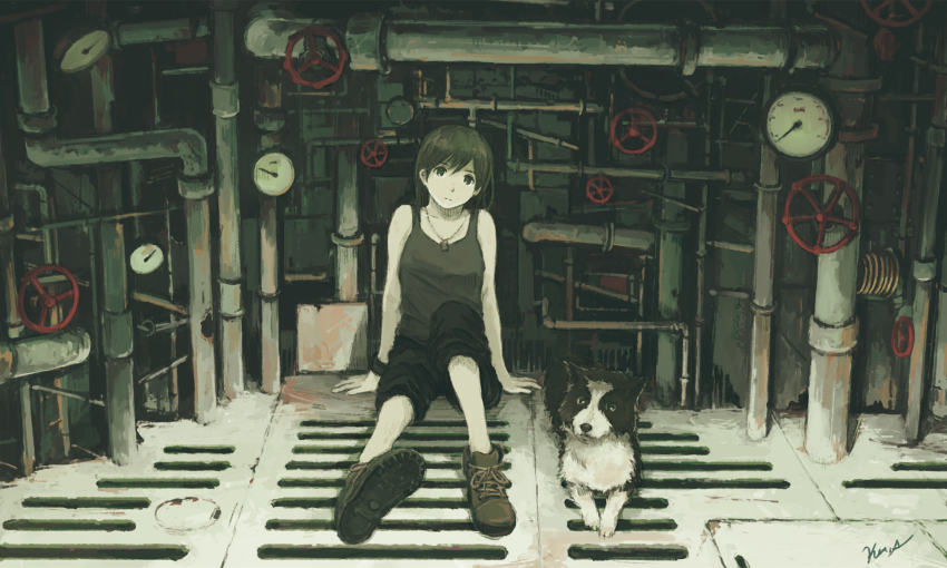 1girl :| against_wall arms_at_sides bare_shoulders black_eyes black_hair black_pants boots bracelet brown_boots closed_mouth collarbone dog_tags expressionless factory full_body grate grey_tank_top hair_between_eyes head_tilt highres industrial_pipe jewelry kensight328 knee_up legs_apart looking_at_viewer original pants shadow shirt shoe_soles short_hair sidelocks signature sitting sleeveless sleeveless_shirt solo tank_top valve