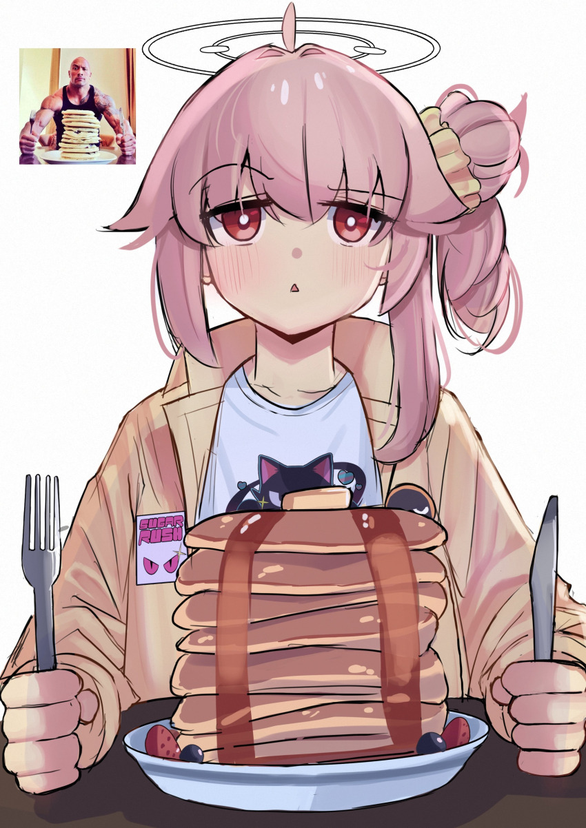 :&lt; absurdres blue_archive commentary english_commentary facing_viewer food fork halo highres iog626 meme natsu_(band)_(blue_archive) natsu_(blue_archive) pancake pancake_stack pink_hair ponytail red_eyes shirt the_rock&#039;s_eyebrow_raise_(meme) the_rock_(dwayne_johnson) white_background white_shirt