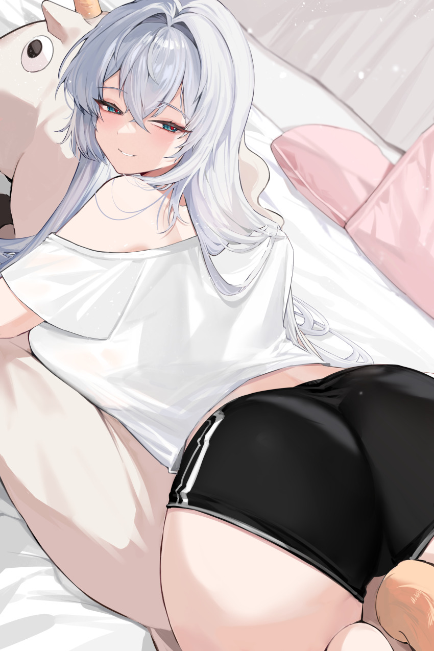 1girl absurdres ass black_shorts blue_eyes blush breasts closed_mouth from_behind grey_hair gurami_(zangizarang) hair_between_eyes highres indoors large_breasts long_hair lying novelpia off-shoulder_shirt off_shoulder on_stomach pillow shirt short_shorts short_sleeves shorts smile solo stuffed_animal stuffed_horse stuffed_toy thighs white_shirt