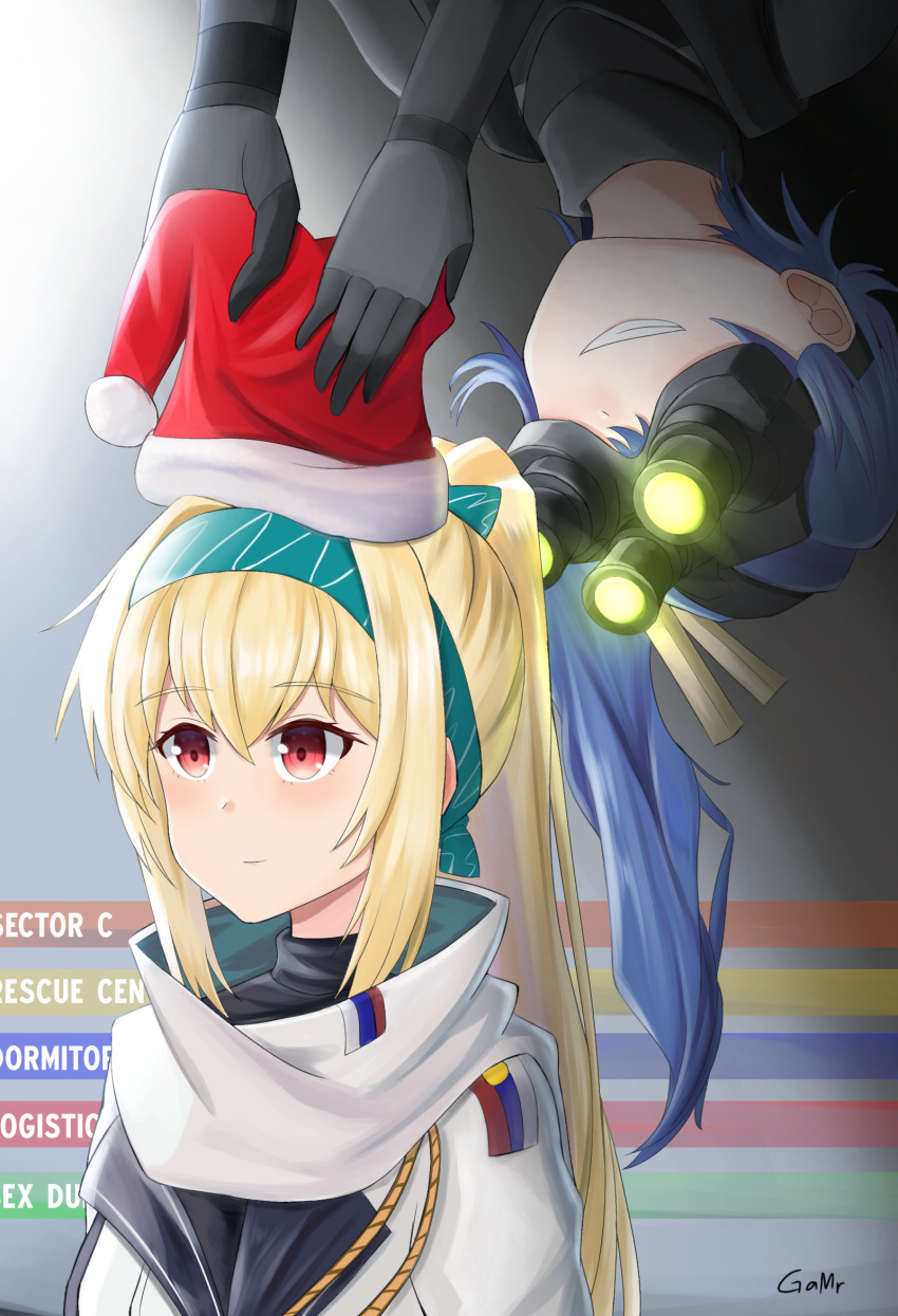 2girls blonde_hair blue_hair gamryous girls&#039;_frontline gloves grin hairband hat highres k11_(girls&#039;_frontline) long_hair multiple_girls night-vision_device ponytail red_eyes santa_hat scarf smile sneaking sneaking_suit splinter_cell sv-98_(girls&#039;_frontline) sv-98_(mod3)_(girls&#039;_frontline) white_uniform