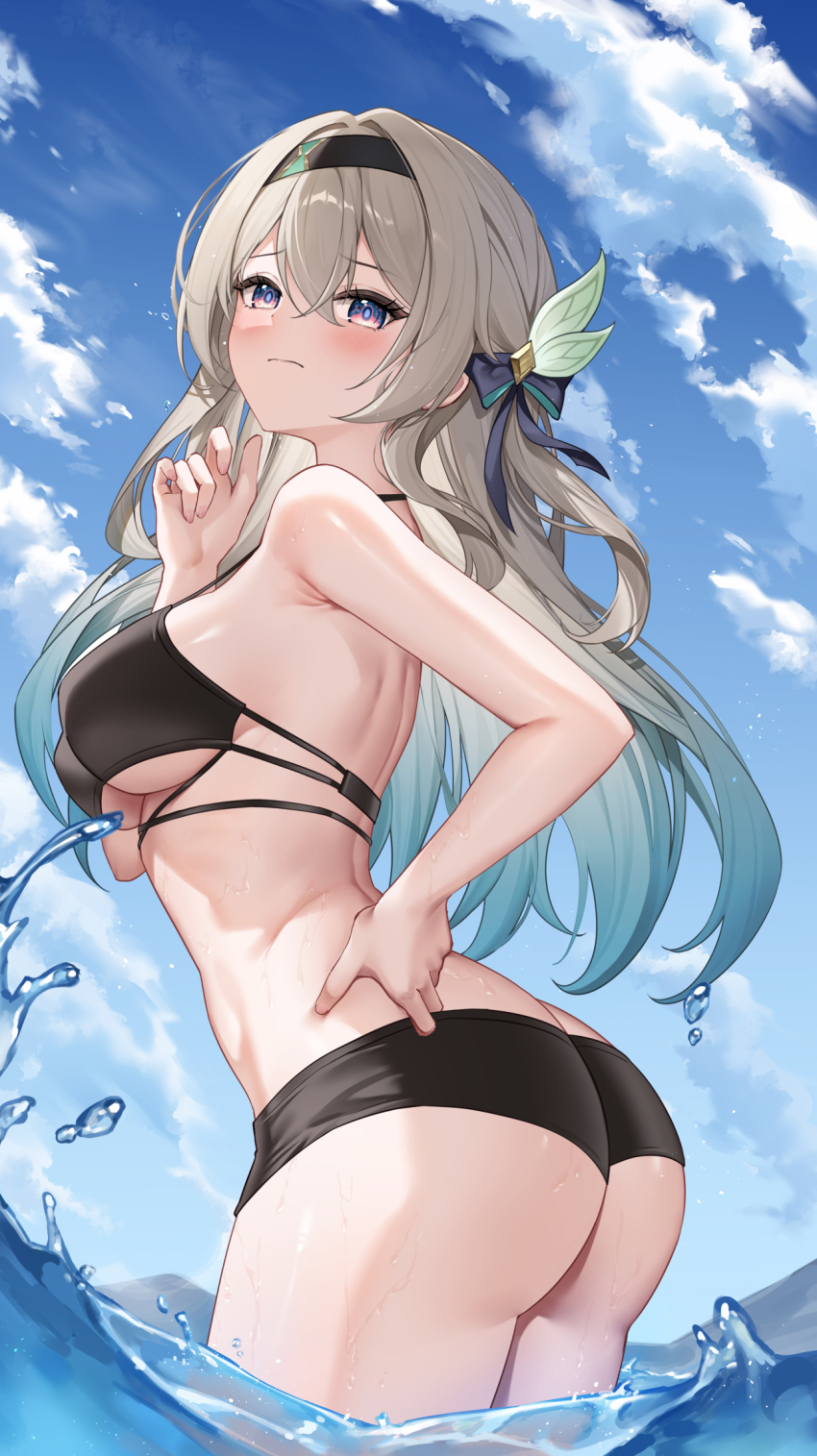 1girl ass bikini black_bikini blue_sky breasts butt_crack closed_mouth cloud day firefly_(honkai:_star_rail) grey_hair highres honkai:_star_rail honkai_(series) long_hair looking_at_viewer lunacle medium_breasts ocean outdoors purple_eyes sky solo swimsuit