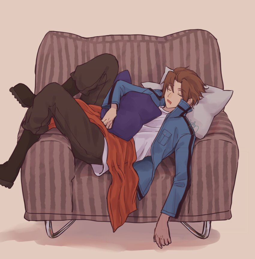 1boy black_boots black_pants blanket blue_jacket boots brown_background brown_hair chair closed_eyes erinan full_body highres holding holding_pillow jacket jin_yuuichi long_sleeves lying male_focus on_back pants pillow shirt short_hair simple_background solo white_shirt world_trigger
