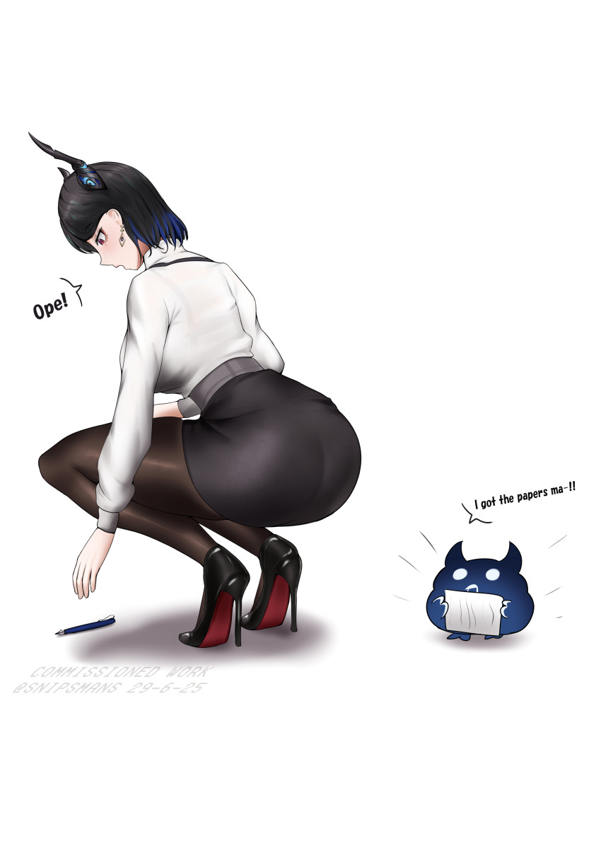 1girl absurdres ass black_hair black_horns black_pantyhose black_skirt blue_hair commission dated english_text highres hololive hololive_english horns jailbird_(nerissa_ravencroft) long_sleeves miniskirt multicolored_hair nerissa_ravencroft nerissa_ravencroft_(casual) office_lady official_alternate_costume official_alternate_hairstyle pantyhose pen shirt shoe_soles short_hair simple_background skirt snipsman squatting virtual_youtuber white_background white_shirt