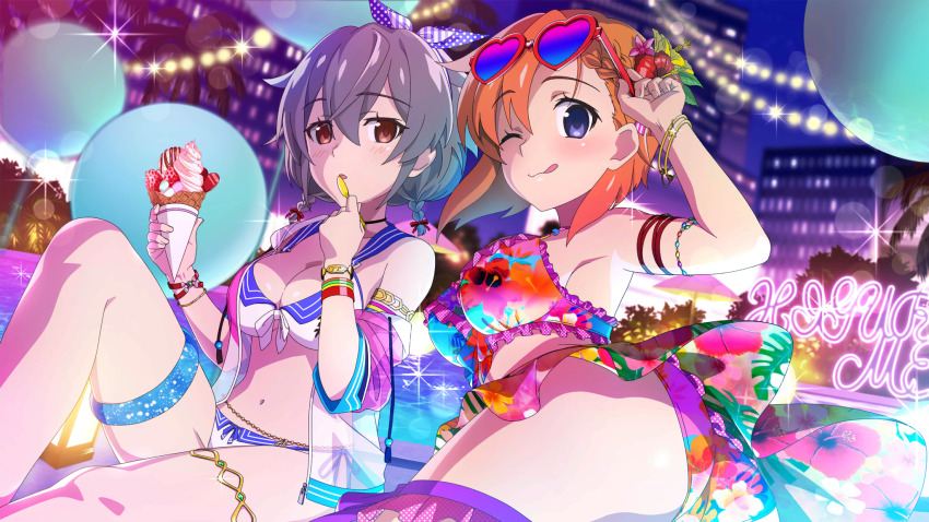 2girls ;q adjusting_eyewear armlet armpits ass balloon bikini blue_eyes blush bow_hairband bracelet braid breasts brown_eyes building cleavage collarbone detached_sleeves dutch_angle eating eyewear_on_head floral_print_bikini flower food frilled_bikini frills from_behind game_cg grey_hair hair_between_eyes hair_flower hair_ornament hairband highres higurashi_no_naku_koro_ni higurashi_no_naku_koro_ni_mei holding holding_spoon ice_cream ice_cream_cone jewelry kimiyoshi_kazuho knee_up lens_flare looking_at_viewer low_twin_braids multiple_girls navel night non-web_source official_alternate_hairstyle official_art one_eye_closed open_mouth orange_hair outdoors pool ryuuguu_rena short_hair sitting smile sparkle spoon sunglasses swimsuit tongue tongue_out twin_braids water