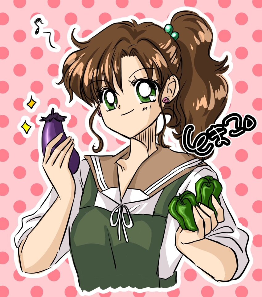 1girl apron bell_pepper bishoujo_senshi_sailor_moon brown_hair brown_sailor_collar earrings eggplant flower_earrings green_eyes hair_bobbles hair_ornament highres jewelry kino_makoto kino_makoto&#039;s_school_uniform long_hair ponytail rockcandy_0000 sailor_collar school_uniform serafuku smile solo