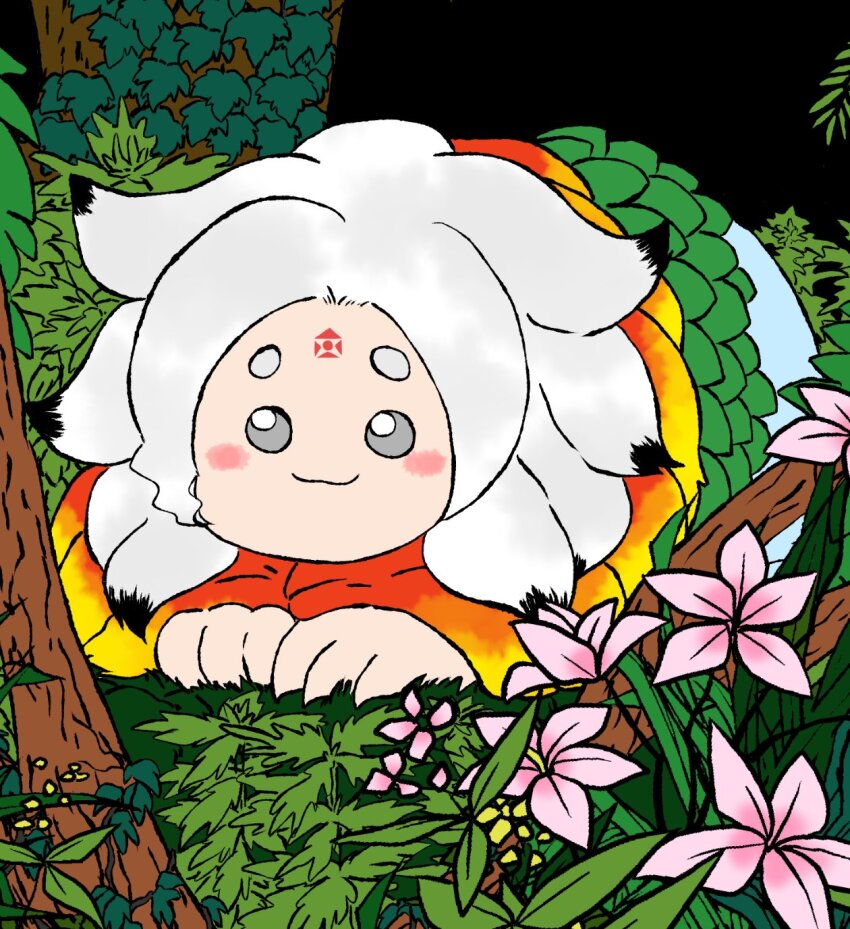 1girl :3 all_fours black_background blush_stickers closed_mouth commentary_request flower forehead_tattoo full_body grey_eyes grey_hair highres houjuu_chimi leaf leaf_clothing long_hair looking_at_viewer orange_shirt pink_flower plant shirt smile solo thick_eyebrows touhou tree yanagita_(daitai_2_ton)