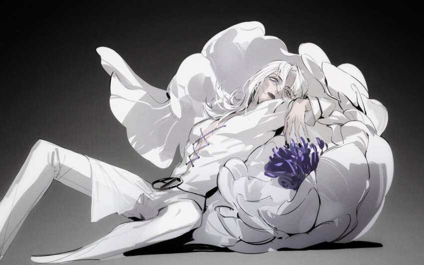 1boy androgynous arm_up closed_mouth commentary_request cross-laced_clothes eyelashes fandangyu flower hair_between_eyes highres jojo_no_kimyou_na_bouken knee_up leaning leaning_back leone_abbacchio long_hair long_sleeves looking_to_the_side male_focus pants parted_bangs shirt sideways_glance sitting solo vento_aureo white_flower white_hair white_pants white_shirt
