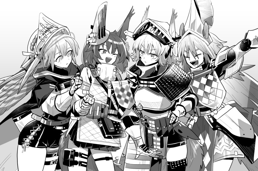4girls :d :o ;d animal_ears arknights arm_up armor ashlock_(arknights) bird_girl clenched_hand closed_eyes fartooth_(arknights) feather_hair flametail_(arknights) gauntlets greyscale hair_between_eyes hand_on_own_hip hand_up horse_ears horse_girl iwashi_80 long_hair looking_at_another monochrome multiple_girls one_eye_closed open_mouth pleated_skirt shirt shorts shoulder_armor simple_background skirt smile squirrel_ears squirrel_girl squirrel_tail tail teeth upper_teeth_only visor_(armor) white_background wild_mane_(arknights)