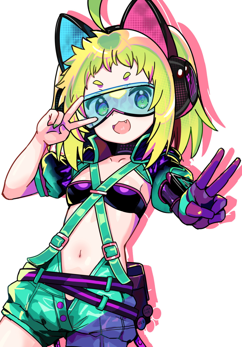 1girl :3 ahoge animal_ear_headphones animal_ears antenna_(dohna_dohna) bandeau breasts cat_ear_headphones criss-cross_suspenders dohna_dohna_issho_ni_warui_koto_o_shiyou double_v fake_animal_ears fang glasses gloves green_eyes green_hair headphones highres looking_at_viewer medium_hair nangong_(skarndrnjs) navel open_mouth short_eyebrows shorts shrug_(clothing) simple_background single_glove small_breasts smile solo suspender_shorts suspenders v white_background