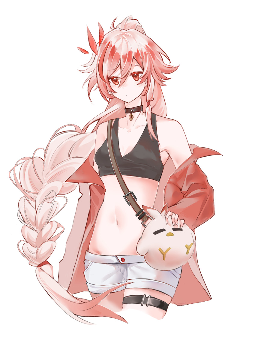 1girl belt black_choker breasts chinese_commentary choker coat commentary_request crop_top cropped_legs fu_hua fu_hua_(garuda) highres honkai_(series) honkai_impact_3rd jingwei_(bird) long_braid long_hair navel official_alternate_costume red_coat red_eyes red_hair short_shorts shorts simple_background sinka78035570 small_breasts solo stomach thigh_belt thigh_strap very_long_hair white_background white_shorts