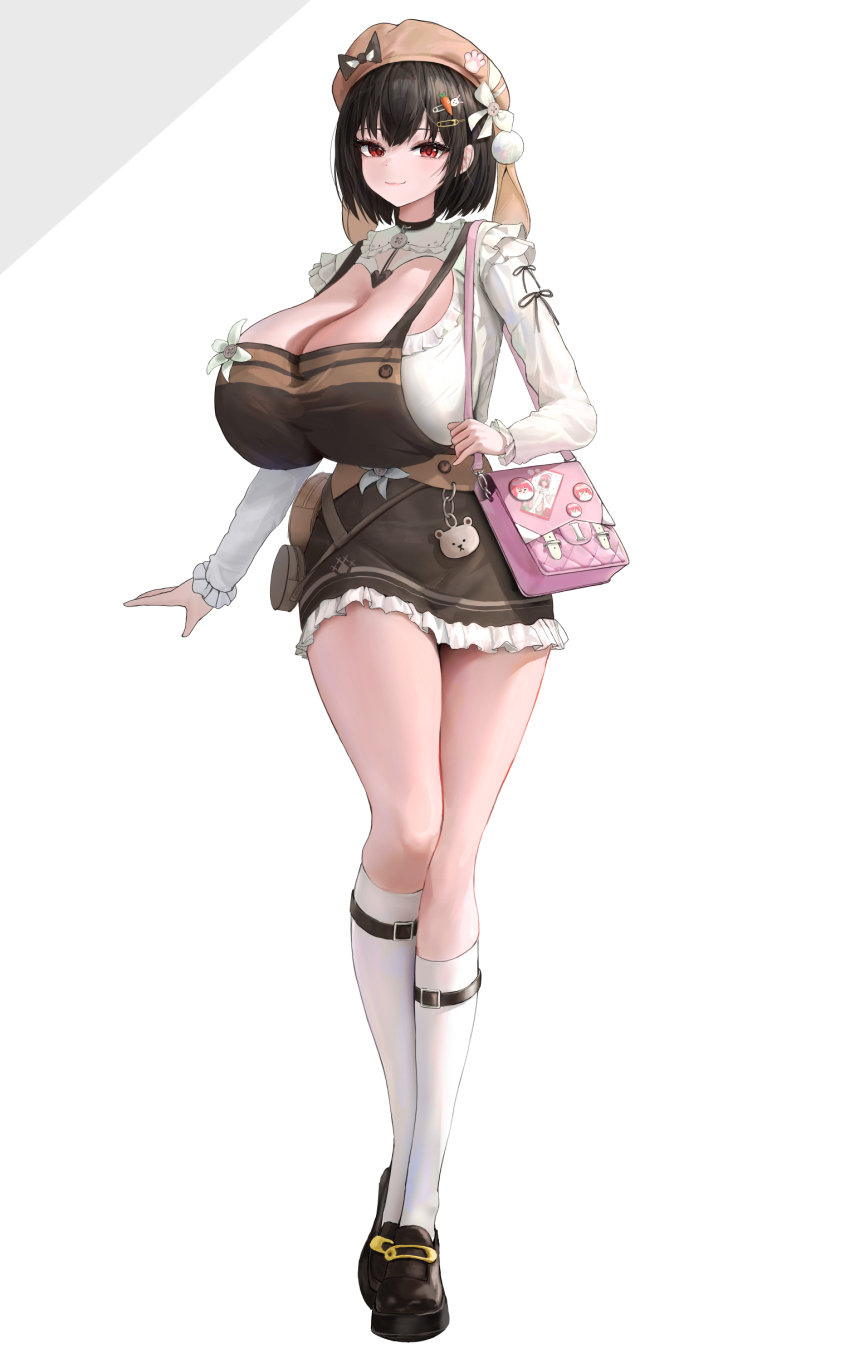 1girl absurdres arm_at_side bag black_hair black_overalls black_shoes breasts brown_headwear cleavage cleavage_cutout closed_mouth clothing_cutout commentary_request flower full_body hair_ribbon handbag highres huge_breasts irorong loafers long_hair long_sleeves looking_at_viewer original overall_skirt overalls pink_bag red_eyes ribbon shirt shoes smile socks solo standing white_flower white_shirt white_socks