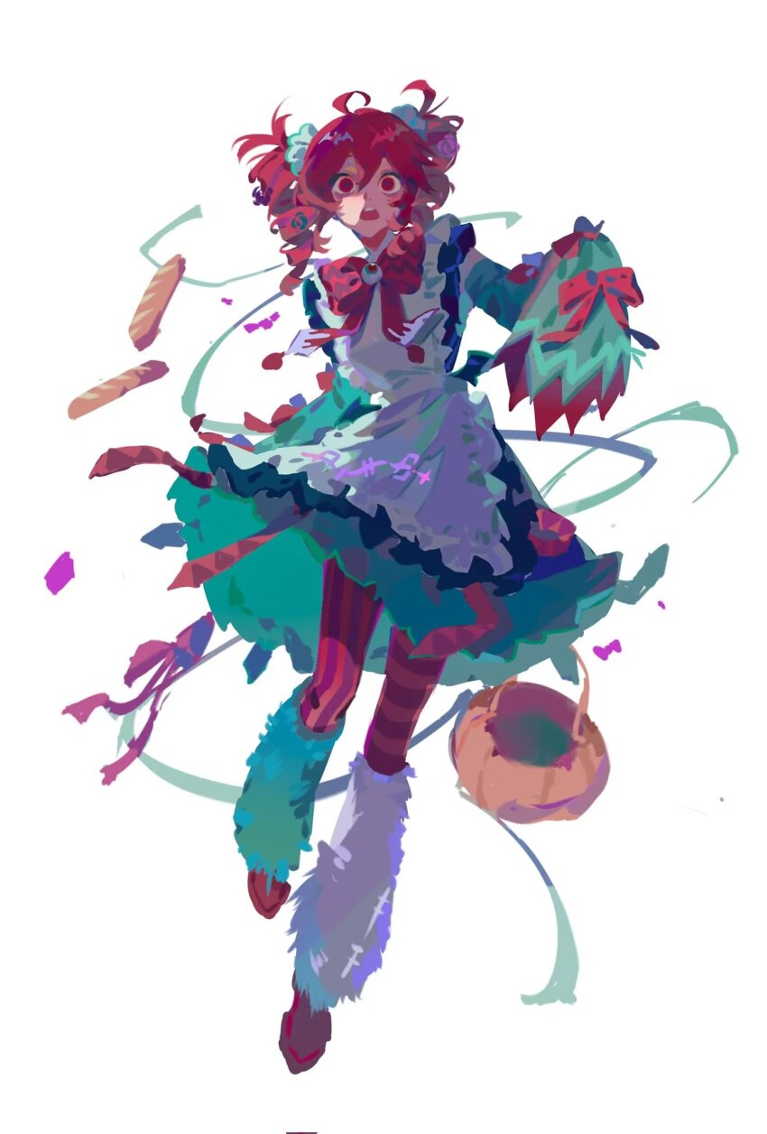 1girl :&lt; ahoge apron arm_behind_back asymmetrical_legwear baguette bow bowtie bread bucket candy check_commentary chinese_commentary commentary_request dress drill_hair dropping food frilled_apron frilled_dress frills full_body fur_leg_warmers green_dress green_leg_warmers green_ribbon hair_between_eyes halloween_bucket highres holding holding_cloth kasane_teto leg_warmers leggings long_sleeves messy_hair mismatched_legwear mr.cockroach open_mouth orange_leggings outstretched_arm red_bow red_bowtie red_eyes red_hair red_leggings red_shoes ribbon running shaded_face shoes simple_background solo striped_leggings synthesizer_v teeth twin_drills upper_teeth_only utau vertical-striped_leggings white_apron white_background white_leg_warmers wide-eyed