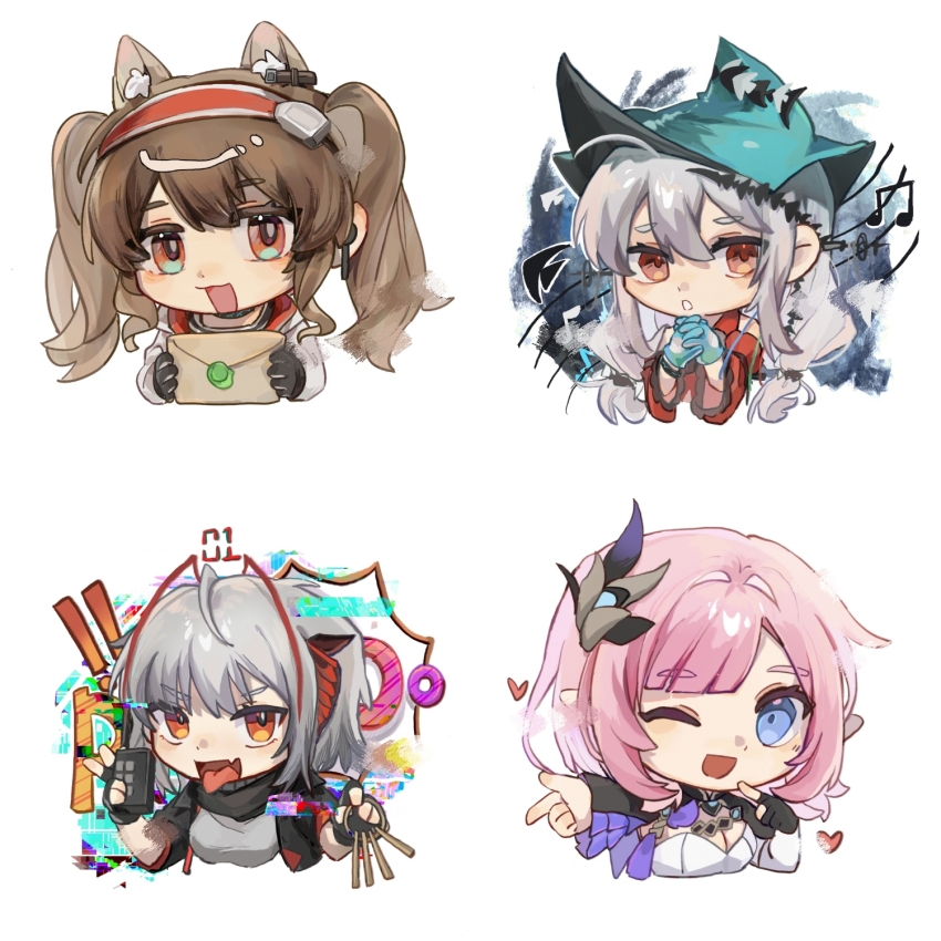 ! 4girls :d ;d angelina_(arknights) animal_ears aqua_gloves aqua_hat arknights beamed_eighth_notes blue_eyes blush breasts brown_hair chibi cleavage dot_nose earpiece elysia_(honkai_impact) elysia_(miss_pink_elf)_(honkai_impact) envelope fang fox_ears gloves grey_hair hair_intakes hair_ornament hairband hat heart highres holding holding_envelope holding_letter honkai_(series) honkai_impact_3rd jiantangshi letter long_hair looking_at_viewer multiple_girls musical_note one_eye_closed open_mouth orange_eyes own_hands_together pink_hair pointing pointy_ears red_eyes red_hairband shirt simple_background skadi_(arknights) skadi_the_corrupting_heart_(arknights) skin_fang smile striped_clothes striped_hairband tongue tongue_out twintails two-tone_hairband upper_body w_(arknights) white_background white_shirt