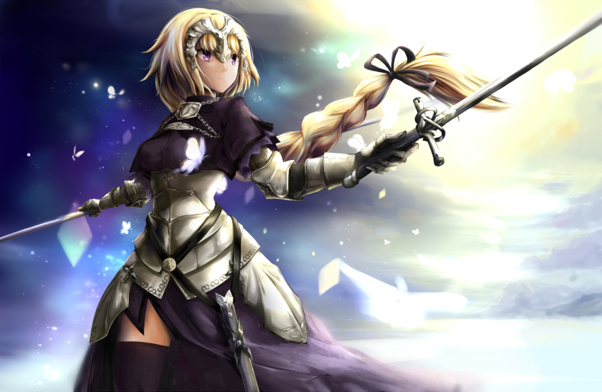1girl armor armored_dress bad_id bad_pixiv_id black_ribbon black_thighhighs blonde_hair braid cowboy_shot dress dual_wielding fate/grand_order fate_(series) female_focus floating_hair gauntlets hair_ribbon highres holding holding_sword holding_weapon jeanne_d&#039;arc_(fate) jeanne_d&#039;arc_(ruler)_(fate) karlhe long_hair low-tied_long_hair purple_eyes ribbon sheath solo standing sword thighhighs very_long_hair weapon