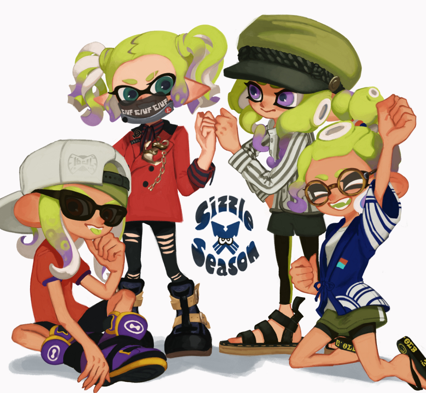 4girls :p arm_up backwards_hat baseball_cap black-framed_eyewear black_footwear black_leggings black_mask black_pants black_shorts blue_shirt clenched_hands closed_eyes closed_mouth collared_shirt colored_tongue commentary dress_shirt eyebrow_cut fangs fist_bump flip-flops full_body glasses gradient_hair green_eyes green_hair green_hat green_shirt green_shorts green_skirt green_tongue grin hair_ornament hair_scrunchie hand_on_own_hip haori hat highres inkling inkling_(language) inkling_girl inkling_player_character jacket japanese_clothes ka1_(k4k37) kneeling leggings leggings_under_shorts long_hair looking_at_another looking_at_viewer mask mouth_mask multicolored_hair multiple_girls nintendo no_socks octoling octoling_girl octoling_player_character open_mouth pants peaked_cap pointy_ears purple_eyes purple_footwear purple_hair raised_fist red_eyes red_jacket red_shirt round_eyewear sandals scrunchie see-through_clothes see-through_mask shirt short_hair short_sleeves short_twintails shorts shorts_under_skirt sidelocks simple_background skirt smile splatoon_(series) splatoon_3 standing striped_clothes striped_shirt sunglasses symbol-only_commentary tentacle_hair tongue tongue_out torn_clothes torn_pants tortoiseshell-framed_eyewear twintails two-tone_hair two-tone_shirt v-shaped_eyebrows white_background white_hat white_shirt