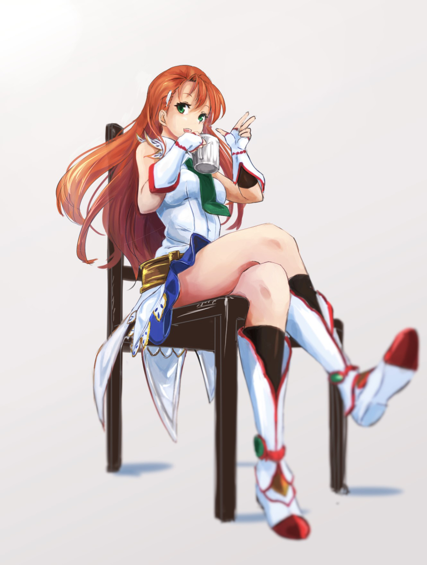 1girl :d black_socks boots chair cliana_rimskaya crossed_legs cup dress female_focus fingerless_gloves full_body gloves green_eyes green_necktie highres holding holding_cup long_hair looking_at_viewer lumo_1121 mug necktie open_mouth orange_hair sitting sleeveless sleeveless_dress smile socks solo super_robot_wars white_boots white_dress white_gloves