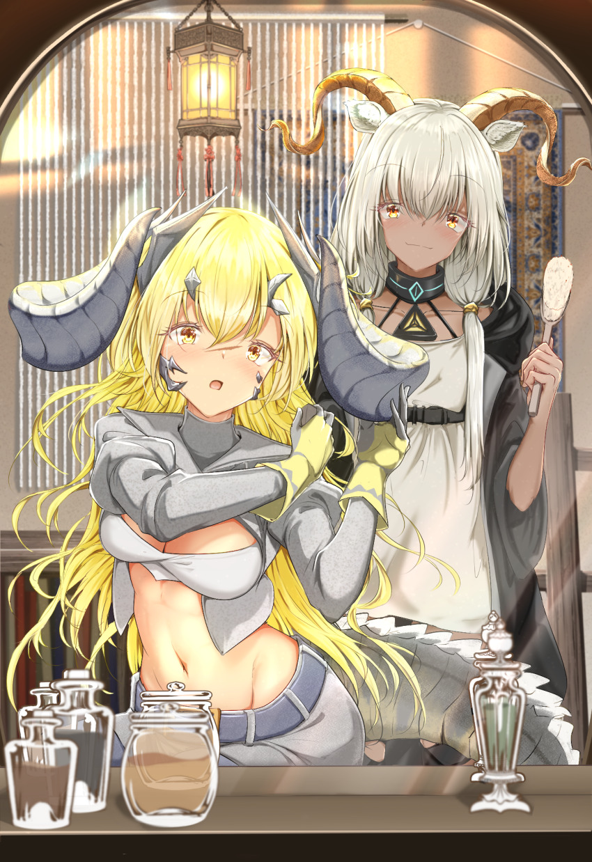 2girls animal_ears arknights beeswax_(arknights) breasts brown_eyes cleavage crocodilian_tail dark-skinned_female dark_skin dragon_horns dress estelle_(arknights) gloves goat_ears goat_girl goat_horns green_hair hair_between_eyes highres horns impaleshrikes jacket large_breasts long_hair long_sleeves looking_at_viewer material_growth multiple_girls open_clothes oripathy_lesion_(arknights) pants scar tail very_long_hair white_dress white_hair yellow_eyes