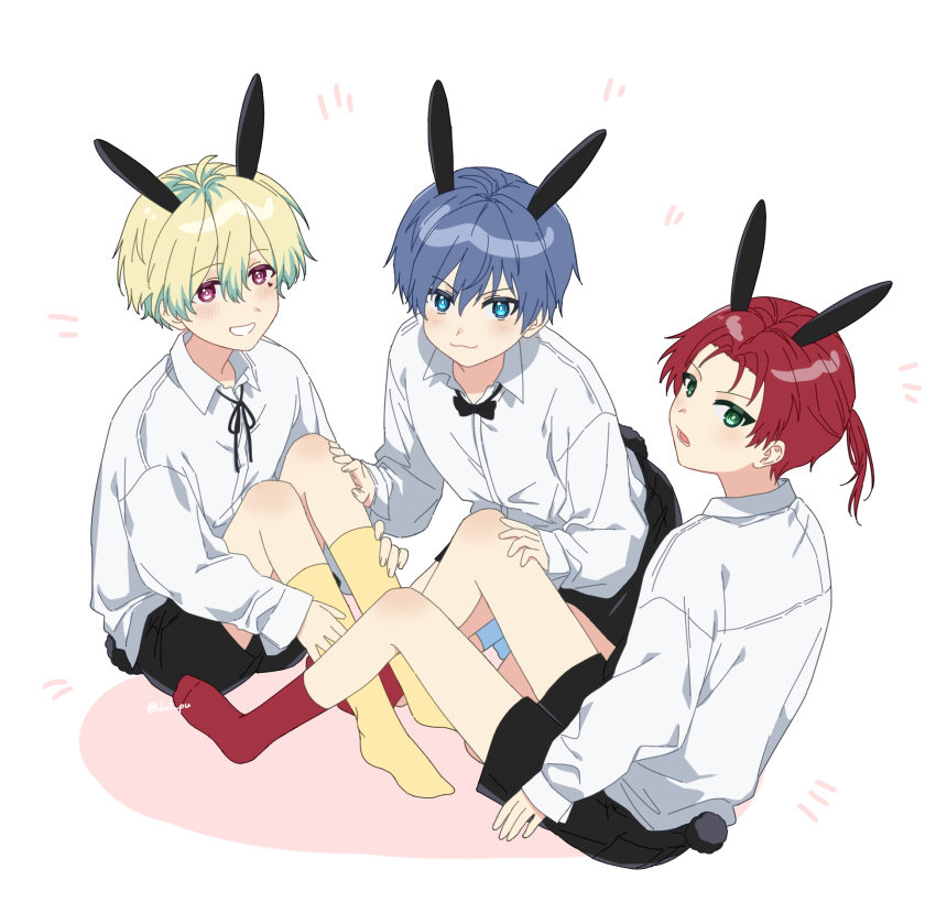 3boys aged_down amamine_shu animal_ears aqua_eyes black_shorts blue_hair c.first_(idolmaster) dress_shirt extra_ears green_eyes hanazono_momohito highres idolmaster idolmaster_side-m idolmaster_side-m_growing_stars light_green_hair male_focus matching_outfits mayumi_eishin multiple_boys pink_eyes rabbit_ears rabbit_tail red_hair shirt shorts socks sunyack tail