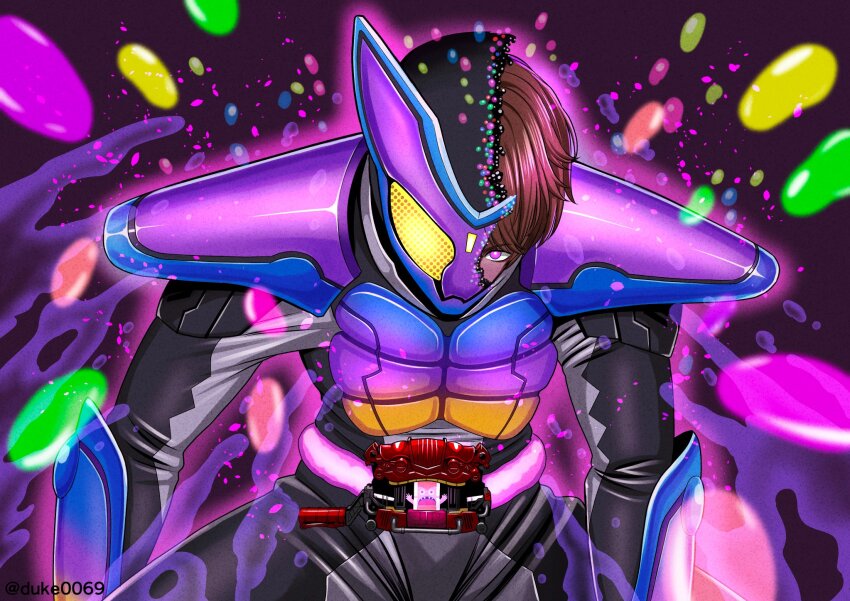 1boy adk-em bandai bandai_namco brown_hair candy food glowing glowing_eye gochizo henshin highres inoue_shouma ishimori_prod jelly_bean kamen_rider kamen_rider_gavv kamen_rider_gavv_(poppingummy_form) kamen_rider_gavv_(series) male_focus popping_gummy purple_eyes rider_belt shouma_(kamen_rider_gavv) shouma_stomach toei_company tokusatsu tv_asahi yuuki_koutarou