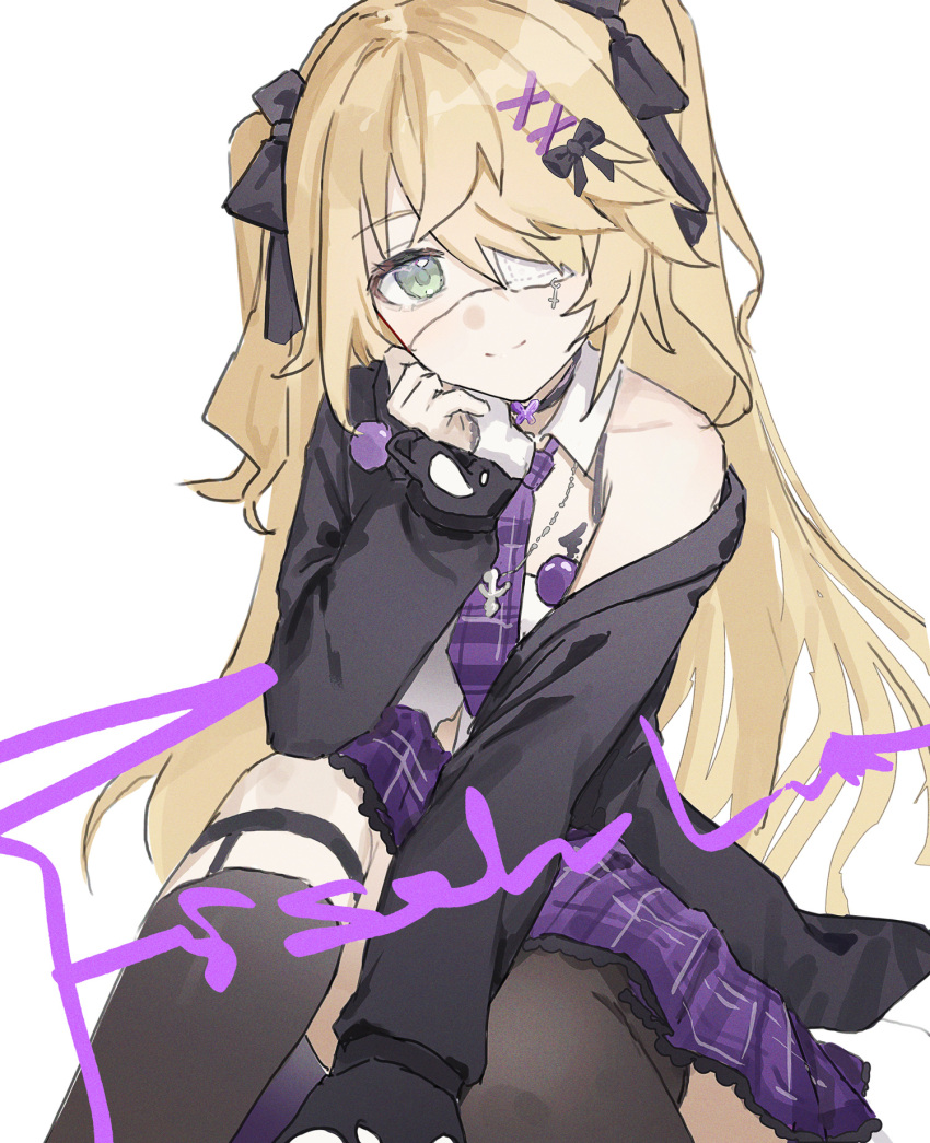 1girl black_bow black_jacket blonde_hair bow fischl_(genshin_cafe_in_seoul)_(genshin_impact) fischl_(genshin_impact) genshin_impact green_eyes hair_bow highres jacket long_hair long_sleeves looking_at_viewer necktie official_alternate_costume purple_necktie single_bare_shoulder sitting smile solo thigh_strap two_side_up very_long_hair yukiri_(l_ii)