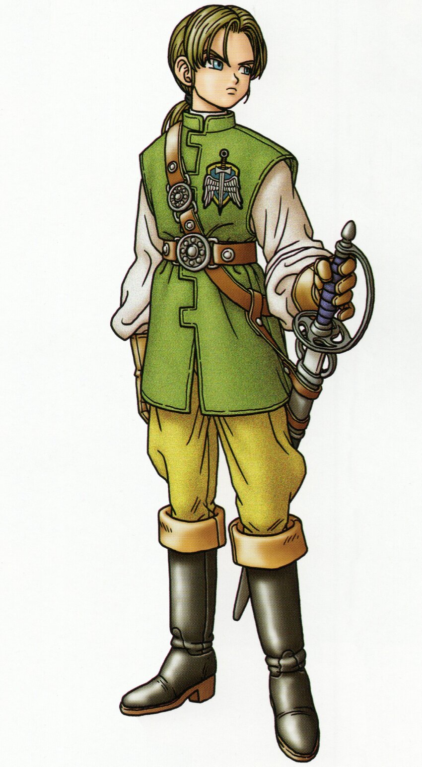 1boy absurdres belt black_boots blonde_hair blue_eyes boots brown_gloves dragon_quest dragon_quest_x frown full_body gloves green_tunic hand_on_weapon highres looking_to_the_side low_ponytail male_focus official_art pants parted_bangs ponytail scan sheath sheathed shirt solo sword third-party_source toriyama_akira touma_(dq10) tunic weapon white_background white_shirt yellow_pants
