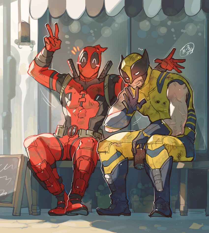 2boys beard belt bodysuit deadpool deadpool_&amp;_wolverine deadpool_(series) facial_hair gloves highres male_focus marvel marvel_cinematic_universe mask momoi_housuke multiple_boys muscular muscular_male red_bodysuit red_mask short_hair superhero_costume sword weapon wolverine_(x-men)