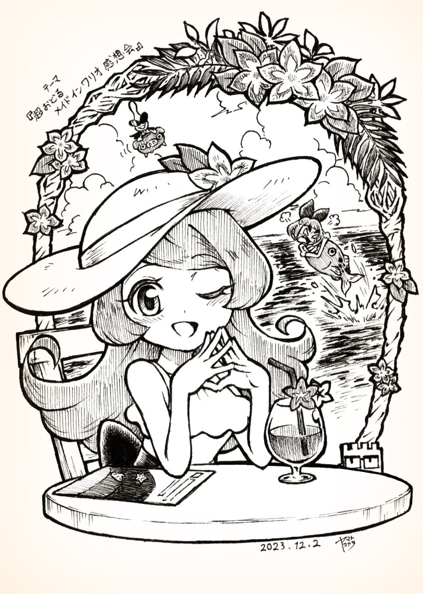 1boy 2girls alien bow drink drinking_straw fish flower fronk hair_bow hat hat_flower highres long_hair looking_at_viewer lulu_(warioware) mona_(warioware) monochrome multiple_girls nintendo ocean one_eye_closed open_mouth orbulon sun_hat table warioware warioware:_move_it! yamato_koara