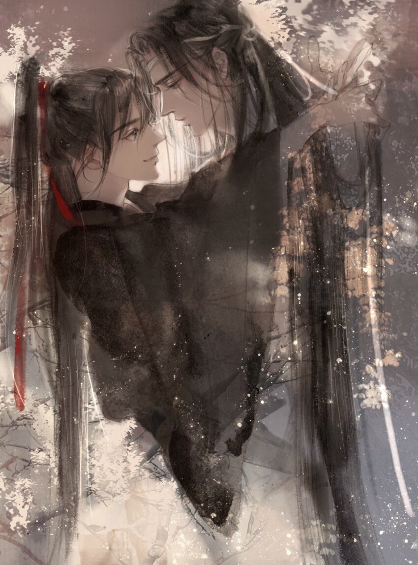 2boys alternate_hairstyle black_hair black_hanfu chinese_clothes closed_mouth couple eye_contact face-to-face faux_traditional_media from_side grey_eyes hair_ribbon half_updo hanfu headband high_ponytail highres holding holding_ribbon hug ink_wash_painting kcllzas163 lan_wangji light_particles long_hair long_sleeves looking_at_another male_focus modao_zushi multiple_boys outdoors ponytail profile red_ribbon ribbon robe sidelocks smile standing third-party_source tree upper_body very_long_hair wei_wuxian white_hanfu white_headband white_ribbon wide_sleeves yaoi