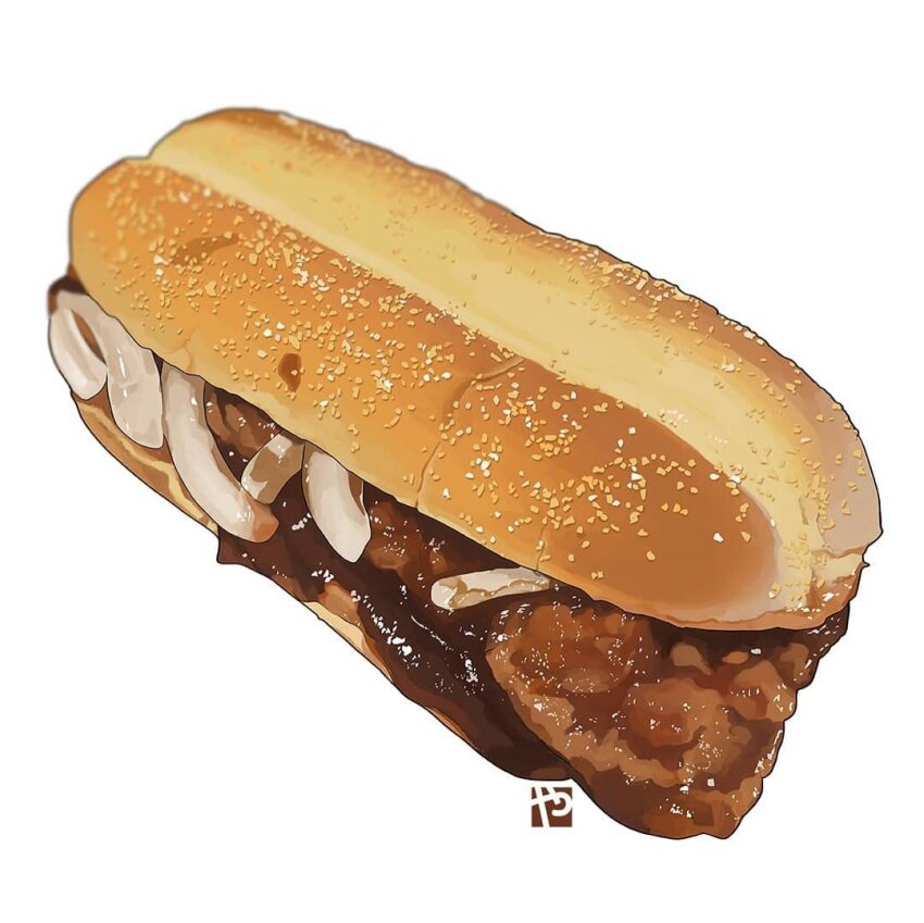 bread commentary english_commentary fast_food food food_focus mcdonald&#039;s no_humans onion ribs_(food) sandwich sauce still_life studiolg white_background