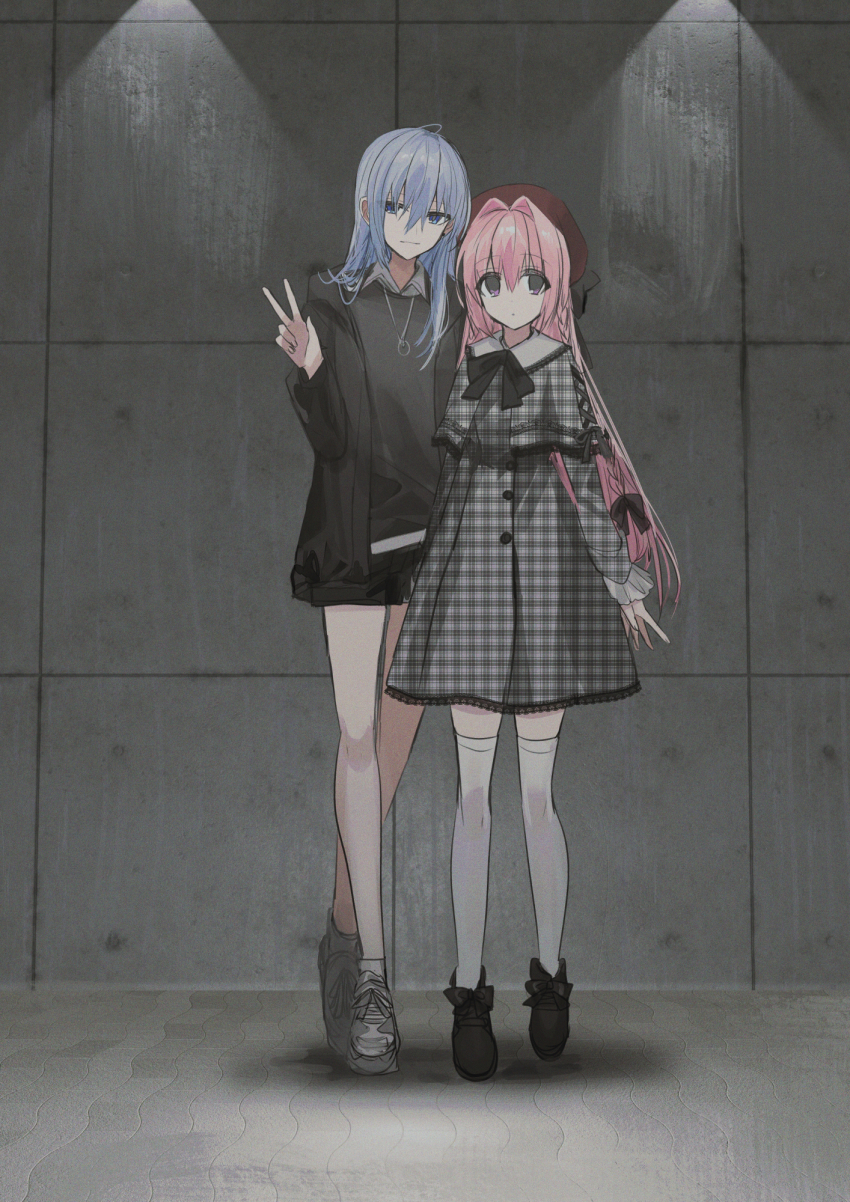 2girls :d beret black_bow black_footwear black_jacket black_shirt black_shorts blue_eyes blue_hair bow braid capelet chihuri closed_mouth collared_shirt dress ende_(chihuri) frilled_sleeves frills grey_footwear hair_between_eyes hair_bow hair_intakes hand_up hat highres jacket long_hair long_sleeves looking_at_viewer multiple_girls nea_(chihuri) open_clothes open_jacket open_mouth original pink_hair plaid_capelet plaid_clothes plaid_dress purple_eyes red_headwear shirt shoes short_shorts shorts smile standing thighhighs unmoving_pattern v very_long_hair white_thighhighs