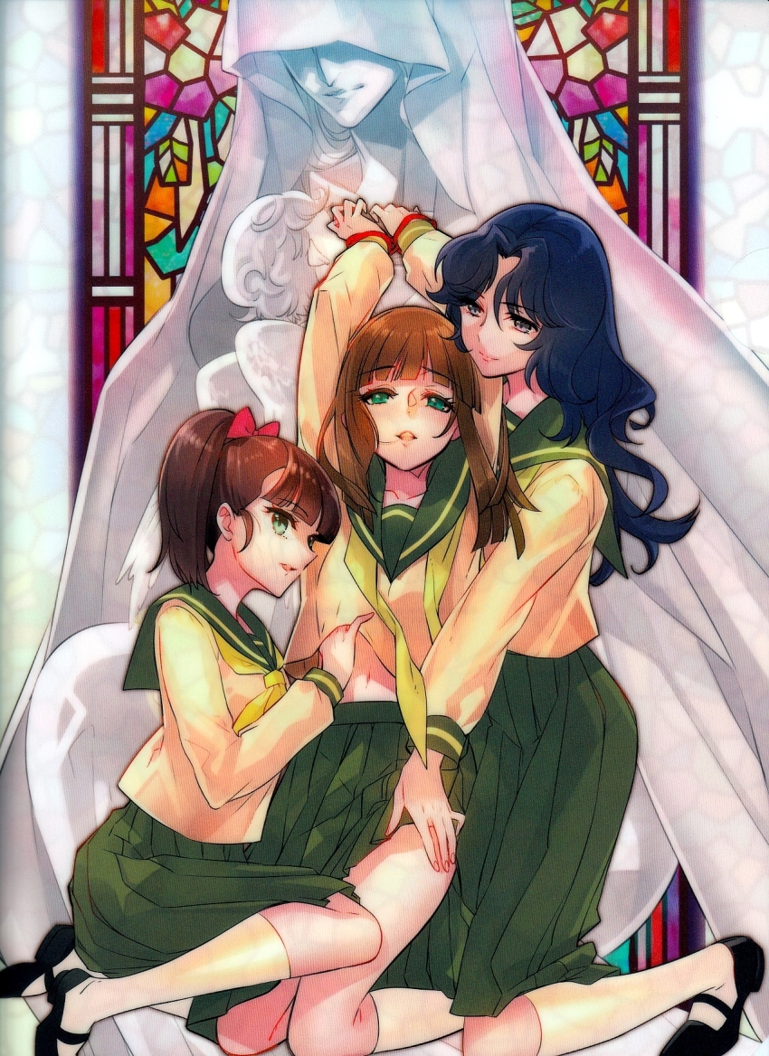 3girls blue_hair brown_hair catholic cream_lemon cuffs escalation green_eyes handcuffs hayakawa_naomi highres ito_noizi komatsuzaki_rie multiple_girls omori_midori stained_glass statue thighhighs
