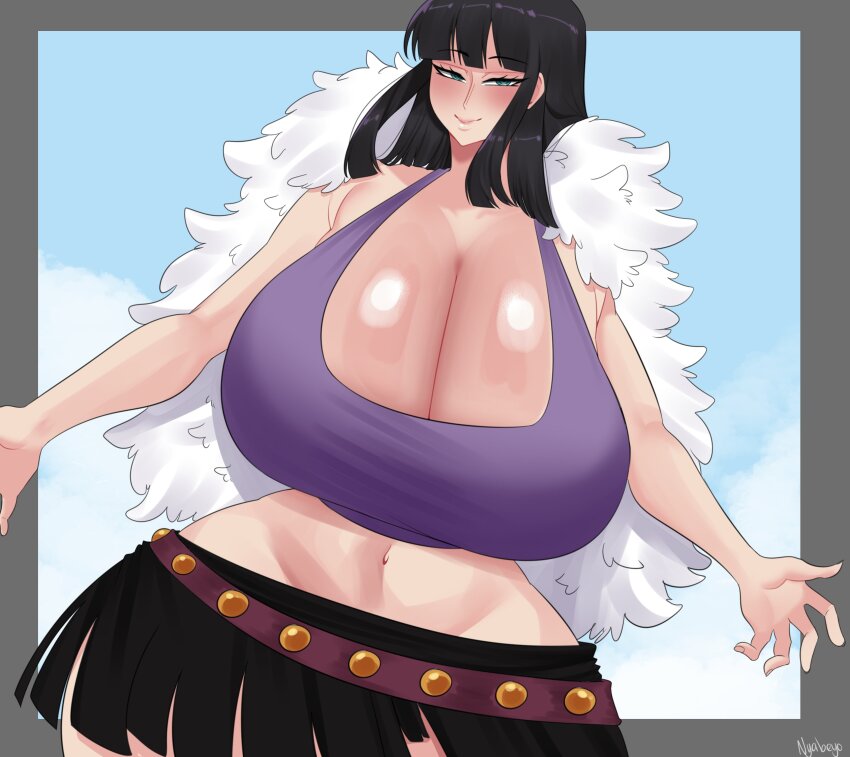 1girl absurdres armpit_crease belt black_hair blunt_bangs breasts capelet cleavage curvy fur-trimmed_capelet fur_trim gigantic_breasts half-closed_eyes highres huge_breasts looking_at_viewer midriff navel nico_robin nico_robin_(elbaf) nyabeyo official_alternate_costume one_piece open_hand purple_shirt shiny_skin shirt skirt smile solo white_capelet wide_hips