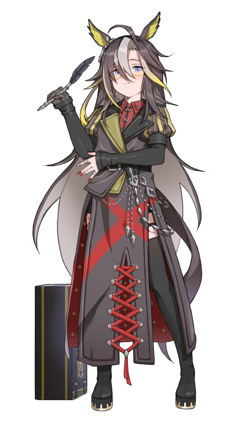 1girl absurdres ahoge animal_ears asymmetrical_bangs belt black_boots black_coat black_gloves blue_eyes boots brown_hair chain coat collared_shirt commentary crossed_legs dream_journey_(umamusume) fishnet_pantyhose fishnets full_body glasses gloves highres holding holding_pen holding_quill horse_ears horse_girl horse_tail juliet_sleeves kkoz_555 long_hair long_sleeves looking_at_viewer multicolored_hair nib_pen_(object) nishioki_tama pantyhose pen platform_boots puffy_sleeves quill red_shirt shirt simple_background single_glove smile solo standing streaked_hair suitcase tail thigh_boots umamusume very_long_hair watson_cross white_background white_hair