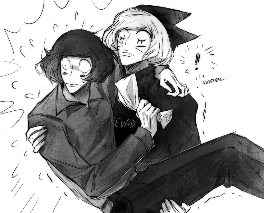 absurdres animal_hat carrying carrying_person cat_hat english_text facial_mark greyscale hat highres imnotrlup luther_von_ivory monochrome nyen_(randal&#039;s_friends) princess_carry randal&#039;s_friends shirt short_hair simple_background trembling whisker_markings white_background