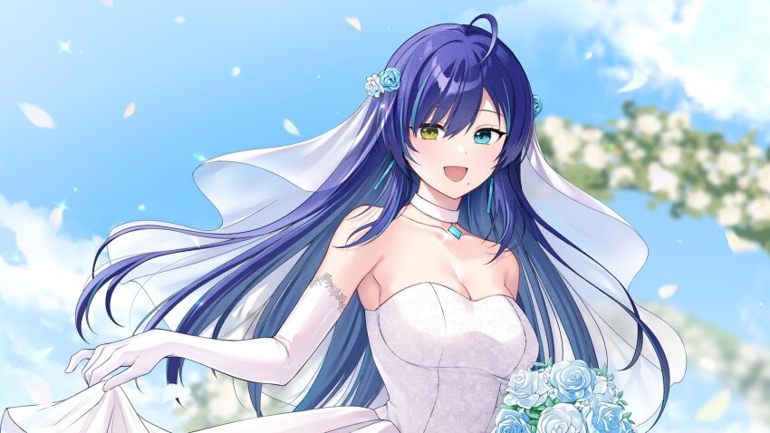 1girl ahoge aoki_rio blue_eyes blue_flower blue_hair blue_rose blurry blurry_background bouquet breasts bridal_veil choker cleavage cloud commission dress e_(eokiba) elbow_gloves flower gloves hair_flower hair_ornament heterochromia highres holding holding_unworn_clothes holding_unworn_dress indie_virtual_youtuber long_hair mole mole_under_eye open_mouth rose skeb_commission skirt_hold sky solo strapless strapless_dress veil virtual_youtuber wedding_dress white_choker white_flower white_gloves white_rose yellow_eyes
