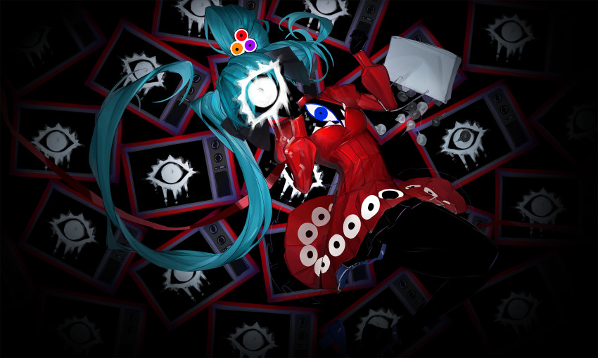 1girl alternate_costume alternate_hairstyle aqua_eyes aqua_hair asymmetrical_hair bag black_bow black_skin bow bow_choker breasts candy choker colored_mouth colored_skin commentary_request covered_face crt dress eye_print eye_symbol eyeball_hair_ornament folded_hair food foot_out_of_frame frilled_dress frills from_above hair_ornament hair_ribbon hairband hatsune_miku highres holding holding_candy holding_food holding_lollipop juliet_sleeves lollipop long_hair long_sleeves looking_at_viewer lying on_back oneselt open_mouth print_dress psi_(vocaloid) puffy_long_sleeves puffy_sleeves red_choker red_dress ribbon small_breasts solo spotlight static television twintails uneven_twintails very_long_hair vocaloid white_bag