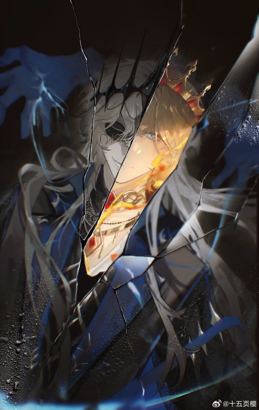 1boy aqua_eyes black_background black_coat black_shirt blonde_hair blue_gloves broken_glass chinese_commentary closed_mouth coat colored_lapels condensation curtained_hair disembodied_hand domino_mask dual_persona evil_smile fire gem glass gloves gold_choker gold_necklace hair_between_eyes highres jewelry lapels lars_rorschach lars_rorschach_(godheim) long_hair long_sleeves looking_at_viewer lovebrush_chronicles male_focus mask necklace notched_lapels official_alternate_hair_color one_eye_covered parted_lips red_gemstone shirt shiwu_ye_ying short_hair smile solo split_theme upper_body watermark weibo_watermark white_hair white_shirt
