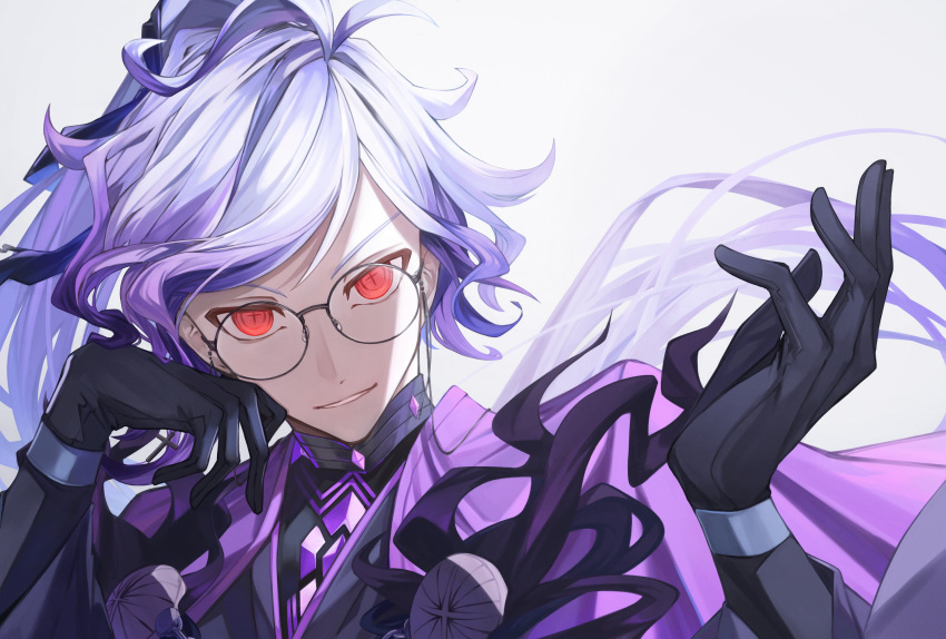 1boy black_kimono cross-shaped_pupils edmond_dantes_(fate) eyewear_strap fate/grand_order fate_(series) gankutsuou glasses gloves haori highres japanese_clothes kimono kyure_(12e344) long_hair looking_at_viewer male_focus official_alternate_costume purple_hair purple_haori red_eyes round_eyewear smile solo symbol-shaped_pupils the_count_of_monte_cristo_(fate) the_count_of_monte_cristo_(exhibition_attire)_(fate)