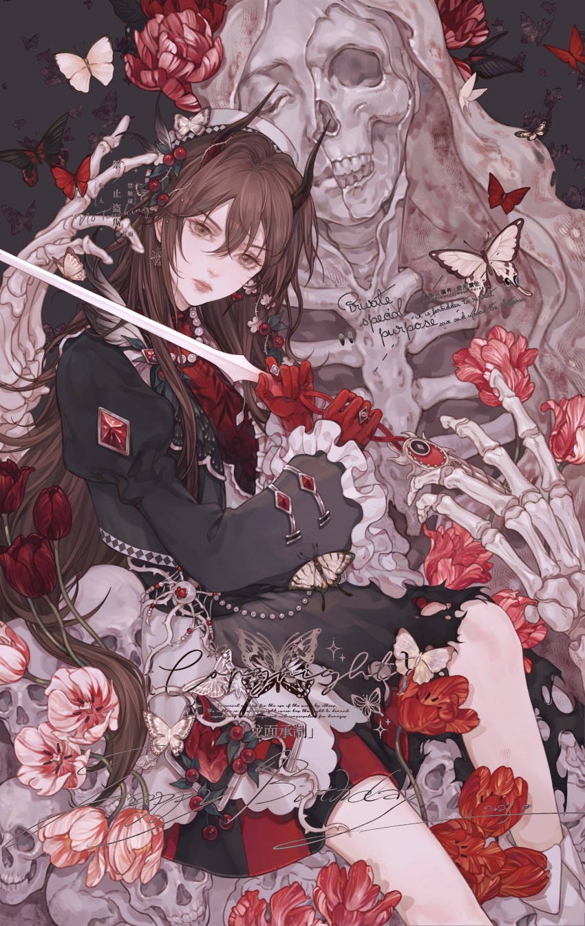 1girl absurdres black_dress brown_eyes brown_hair bug butterfly commentary_request dress flower hair_between_eyes highres holding holding_sword holding_weapon horns insect jewelry long_hair long_sleeves longmianbushilongxumian looking_at_viewer original skeleton solo sword weapon