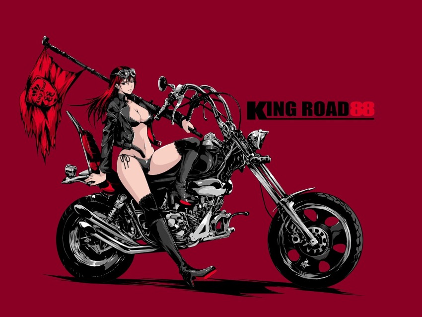 1girl bikini black_bikini boots breasts commentary_request eyewear_on_head flag full_body high_heel_boots high_heels holding holding_flag jacket leather leather_jacket long_hair medium_breasts motor_vehicle motorcycle navel open_clothes open_jacket original red_hair side-tie_bikini_bottom solo sunglasses swimsuit vehicle_request yamada_satoshi