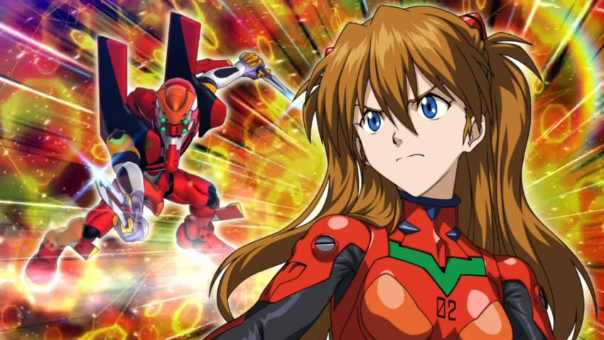 1girl bandai_namco blue_eyes bodysuit breasts brown_hair eva_02 highres holding holding_knife holding_weapon interface_headset_(evangelion) knife long_hair mecha mecha_pilot_suit medium_breasts neon_genesis_evangelion orange_hair plugsuit_(evangelion) red_bodysuit robot serious souryuu_asuka_langley standing super_robot_wars super_robot_wars_dd two_side_up very_long_hair weapon