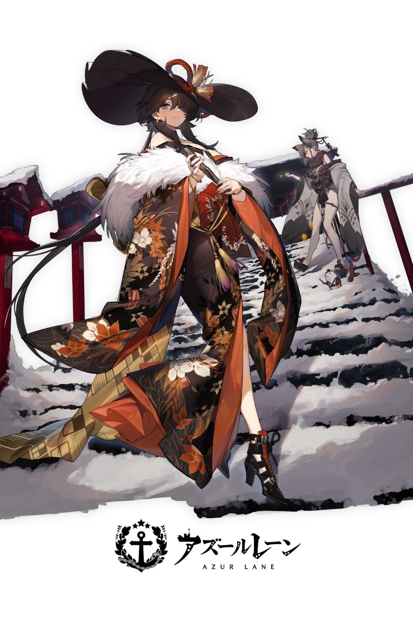 2girls absurdres azur_lane black_footwear black_hair black_headwear blue_eyes breasts coat copyright_name folded_fan folding_fan fur_coat gebijiade_89 georgia_(azur_lane) georgia_(exalted_vibrance)_(azur_lane) grey_hair hair_over_one_eye hand_fan hat high_heels highres japanese_clothes jewelry kimono long_sleeves multiple_girls official_alternate_costume official_art short_hair short_hair_with_long_locks snow stairs suzutsuki_(azur_lane) suzutsuki_(suzutsuki_hanetsuki_adept!)_(azur_lane) watermark white_background