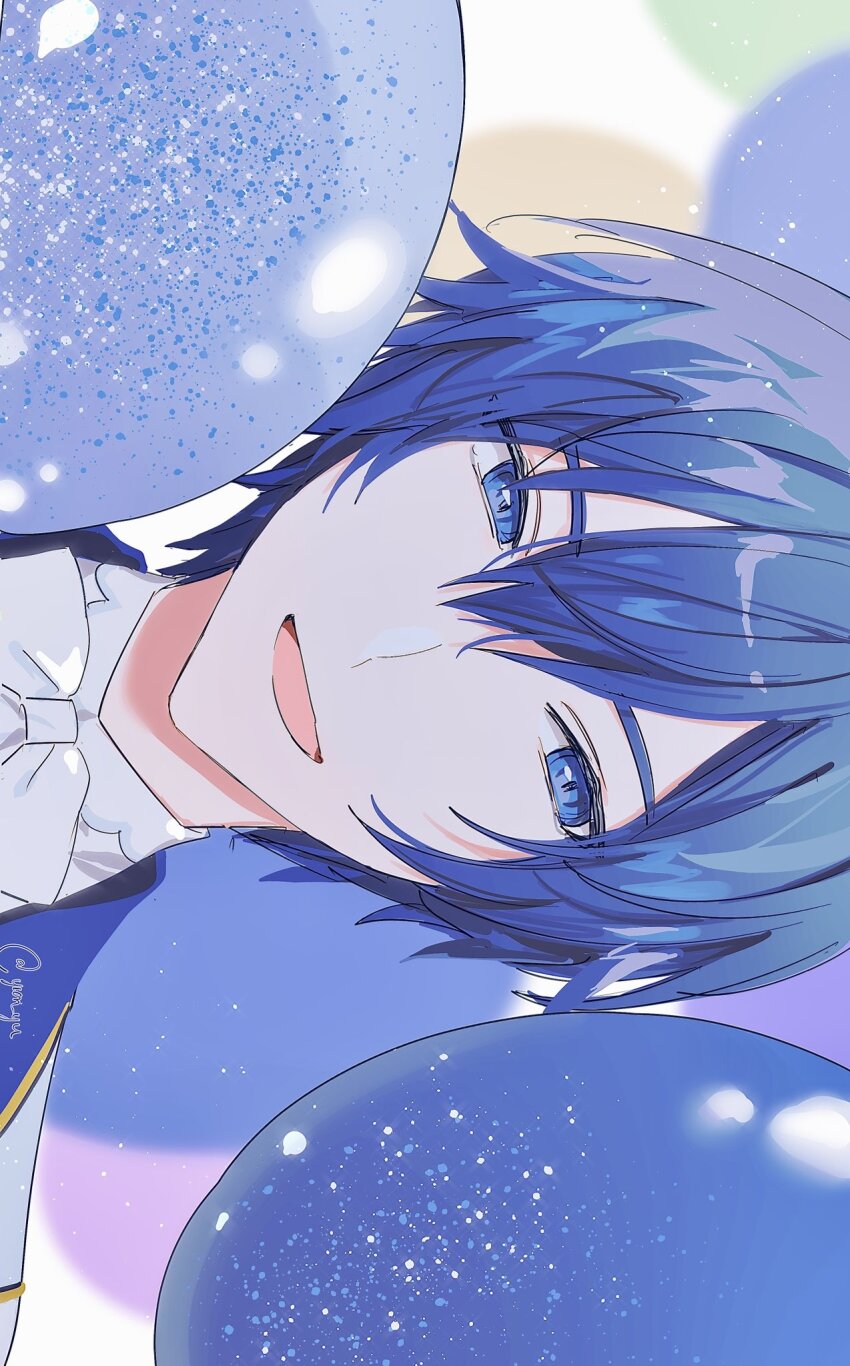 1boy balloon blue_eyes blue_hair bow bowtie hair_between_eyes highres jacket kaito_(vocaloid) looking_at_viewer male_focus open_mouth project_sekai shirt short_hair sideways smile solo vocaloid white_bow white_bowtie white_shirt wonderlands_x_showtime_kaito yion_yu
