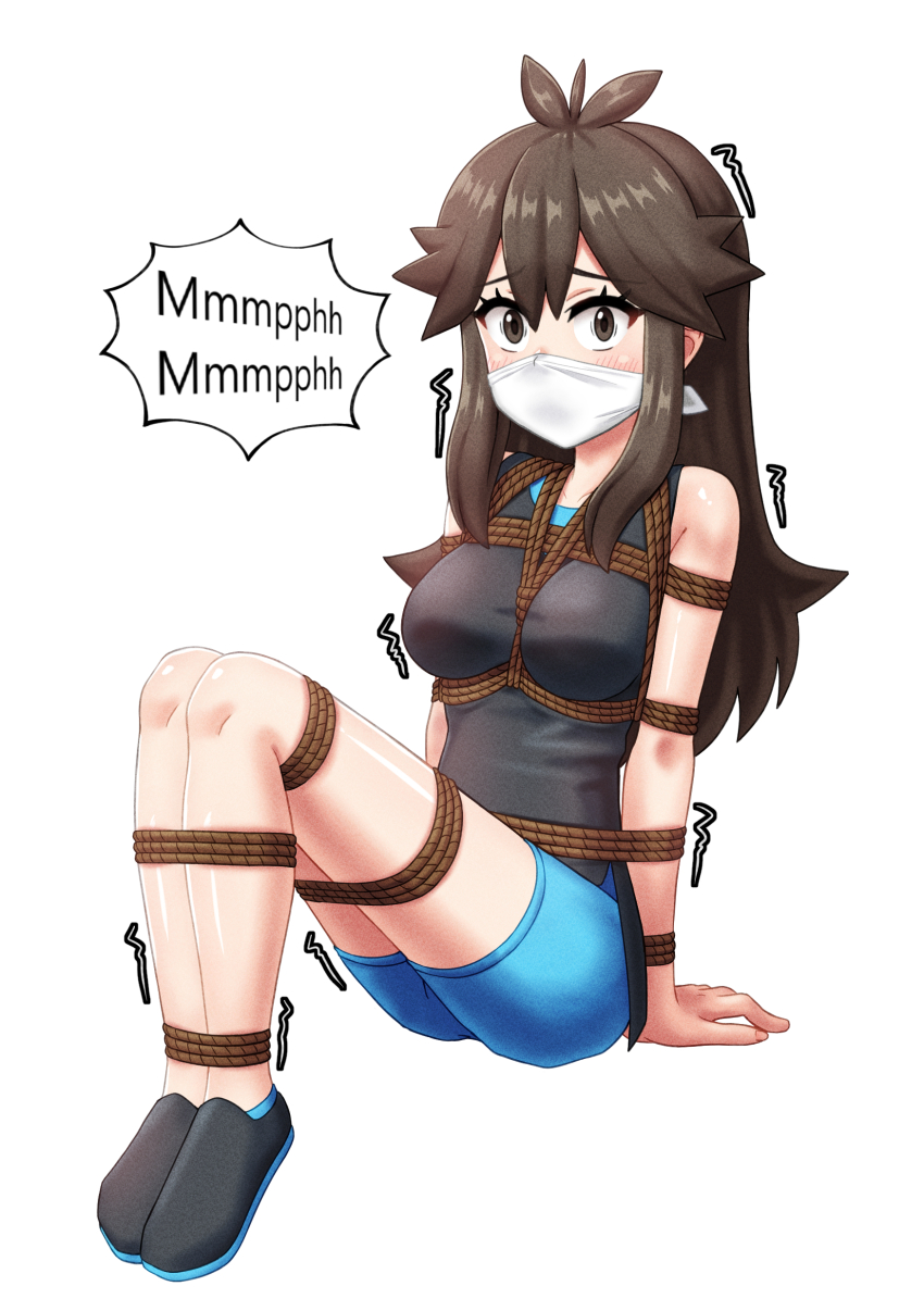 1girl absurdres bad_id bad_pixiv_id bdsm bondage bound cloth_gag commission els_(ljhlee12) gag gagged green_(pokemon) highres improvised_gag muffled nintendo over_the_nose_gag pokemon pokemon_lgpe scared solo