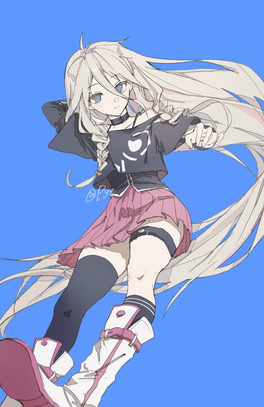1girl ahoge arm_behind_head artist_name asymmetrical_legwear bare_shoulders black_choker black_shirt black_socks black_tank_top black_thighhighs blonde_hair blue_background blue_eyes boots braid choker closed_mouth commentary crop_top cropped_shirt expressionless floating full_body hair_between_eyes hair_flaps hand_up highres ia_(vocaloid) knee_boots kneehighs long_hair long_sleeves looking_at_viewer off-shoulder_shirt off_shoulder pink_skirt pleated_skirt pye_yyy shirt short_sleeves simple_background single_kneehigh single_sock single_thighhigh skirt socks solo spaghetti_strap tank_top thigh_strap thighhighs twin_braids uneven_legwear untucked_shirt very_long_hair vocaloid white_boots zettai_ryouiki