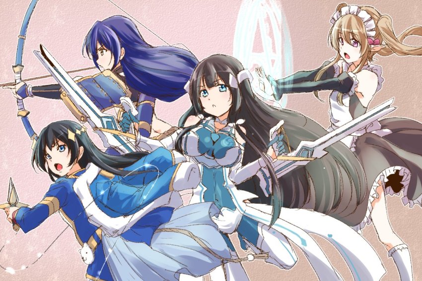 black_hair blue_eyes blue_hair bow brown_eyes commentary_request crossover detached_sleeves elf green_eyes hair_between_eyes hair_ornament jacket kagura_hikari long_hair long_sleeves love_live! love_live!_school_idol_project maid maid_headdress mimori_suzuko multiple_crossover multiple_girls myucel_foalan open_mouth outbreak_company pointy_ears shoujo_kageki_revue_starlight smile sonoda_umi tougou_mimori twintails urutsu_sahari very_long_hair voice_actor_connection weapon yellow_eyes yuuki_yuuna_wa_yuusha_de_aru yuusha_de_aru