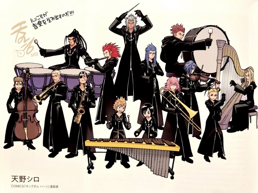 2girls 6+boys amano_shiro axel_(kingdom_hearts) conductor_baton beard black_coat_(kingdom_hearts) coat dark_skin demyx drum eyepatch facial_hair flute grey_hair harp highres holding holding_instrument hood hooded_coat instrument kingdom_hearts larxene lexaeus luxord marluxia multiple_boys multiple_girls music oboe official_art organization_xiii playing_instrument ponytail roxas saix saxophone scar spiked_hair third-party_source trombone trumpet vexen violin xaldin xemnas xigbar xion_(kingdom_hearts) xylophone zexion