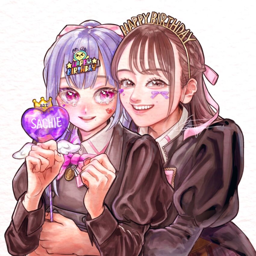 2girls actor actor_connection adversarial_noise artist_name assault_lily bow bowtie braid brown_eyes brown_hair brown_jacket character_hair_ornament character_name charmy_(assault_lily) clenched_hands collared_shirt commentary_request cosplay crying crying_with_eyes_open facial_mark fukuyama_jeanne_sachie fukuyama_jeanne_sachie_(cosplay) hair_bow hair_ornament hairband half_up_braid hands_up happy_birthday heads_together heart heart_facial_mark high_ponytail holding holding_wand hug hug_from_behind jacket jewelry juliet_sleeves komuzuka long_hair long_sleeves looking_at_viewer ludvico_private_girls&#039;_academy_school_uniform mole mole_above_mouth mole_under_mouth multiple_girls nakamura_yukari_(voice_actor) necklace parted_lips pendant pink_bow pink_bowtie pink_eyes ponytail puffy_sleeves purple_hair purple_ribbon real_life ribbon school_uniform shirt signature smile tears teeth upper_body upper_teeth_only wand white_background white_shirt yellow_hairband