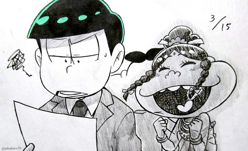 10s 1boy 1girl blush braid clenched_hands closed_eyes dark_skin dated dayoon_girl formal_clothes graphite_(medium) heart heart_in_mouth highres jewelry matsuno_choromatsu necktie open_mouth osomatsu-kun osomatsu-san osomatsu_(series) pikakero79 smile suit sweatdrop traditional_media twin_braids twitter_username upper_body