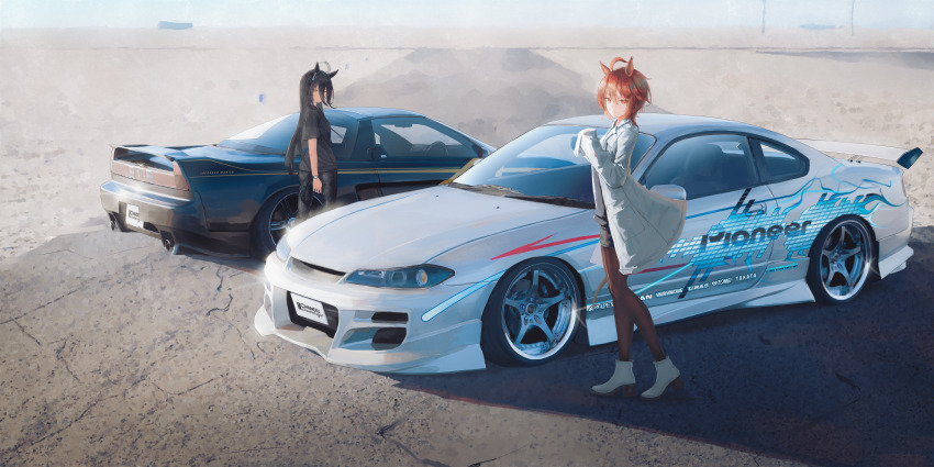 2girls absurdres agnes_tachyon_(umamusume) ahoge alternate_costume animal_ears black_hair brown_hair car character_name coat commentary_request day earrings full_body hair_between_eyes highres honda honda_nsx horse_ears horse_girl horse_tail jewelry lab_coat long_hair manhattan_cafe_(umamusume) motor_vehicle multicolored_hair multiple_girls nissan nissan_silvia nissan_silvia_s13 open_clothes open_coat outdoors pioneer_corporation red_eyes run_rotary shoes short_sleeves single_earring spoiler_(automobile) standing streaked_hair tail umamusume white_coat white_hair white_shoes yellow_eyes